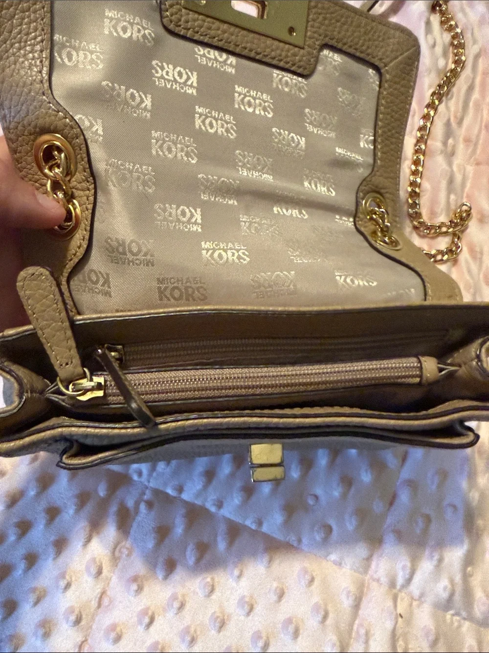 Michael Kors Taupe Pebbled Leather Crossbody with Gold Chain